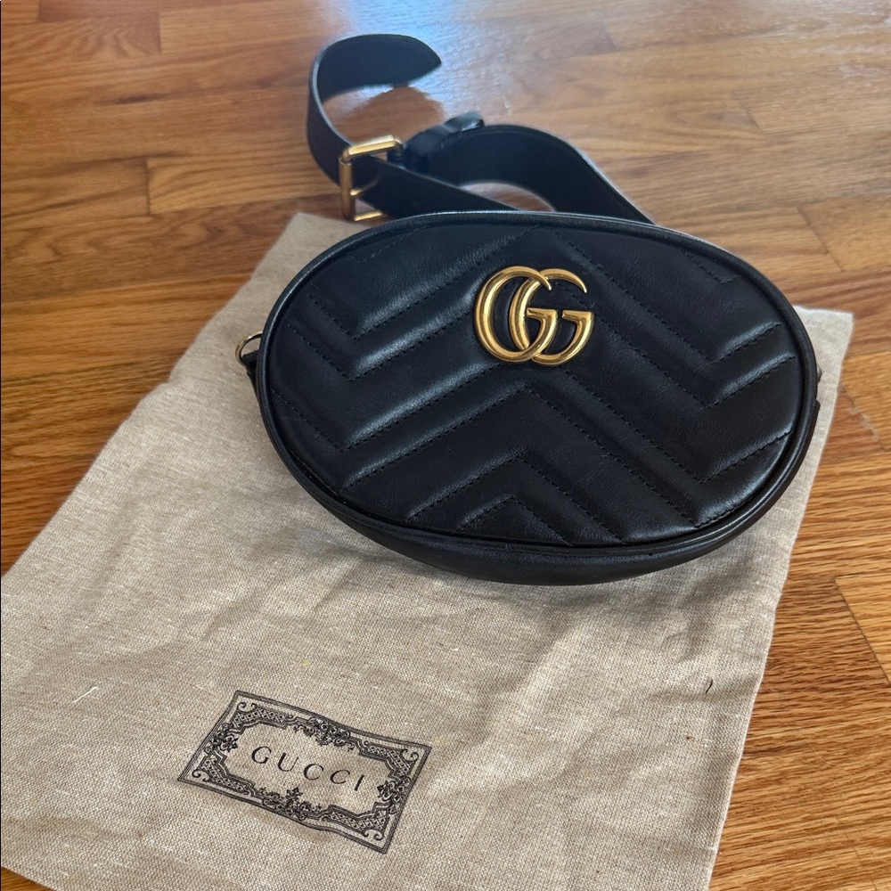 Gucci Quilted Black Belt Bag with Gold Emblem